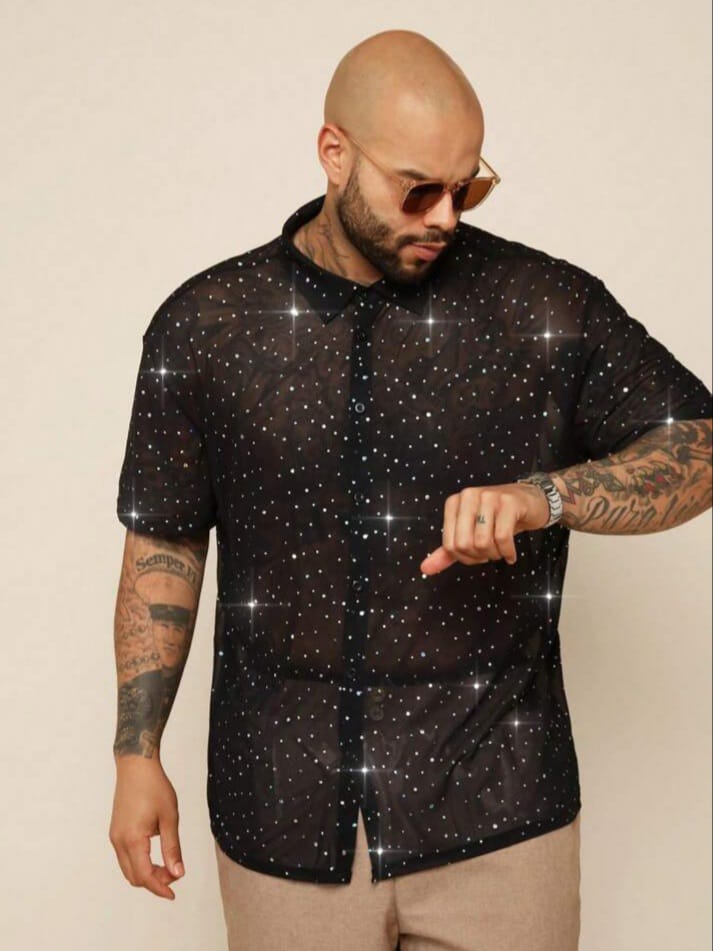 Uptown Funky Mesh Sequins Black Shirt For Men